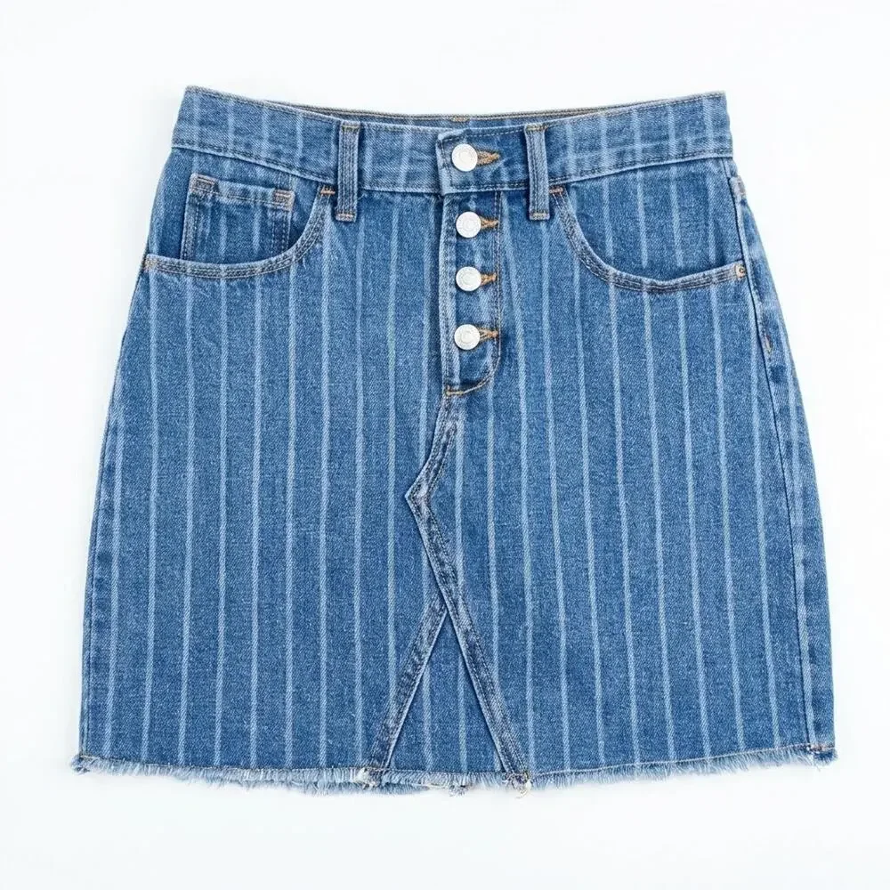 Old Navy Striped Denim Button Front Skirt Blue Medium Wash Girls Large 10 12